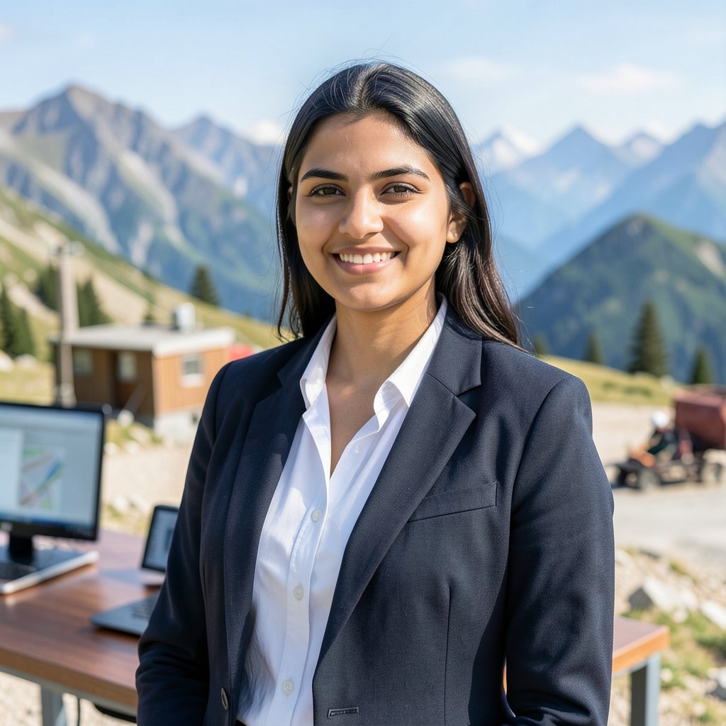 Professional portrait of a young woman, confident expression, outdoor office or mountain base background, professional attire for outdoor management.