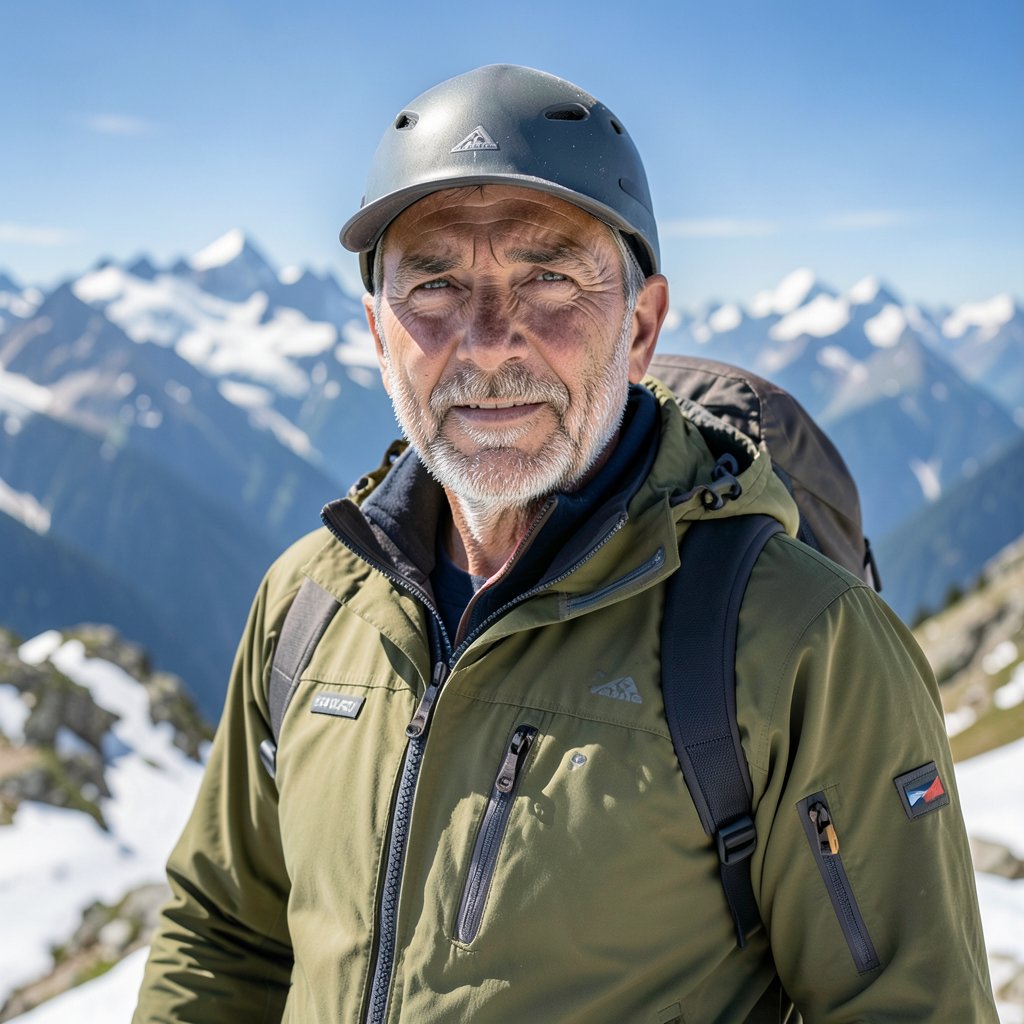 Professional portrait of a male mountain guide, middle-aged, weathered face, wearing outdoor gear, alpine background, high quality photography.