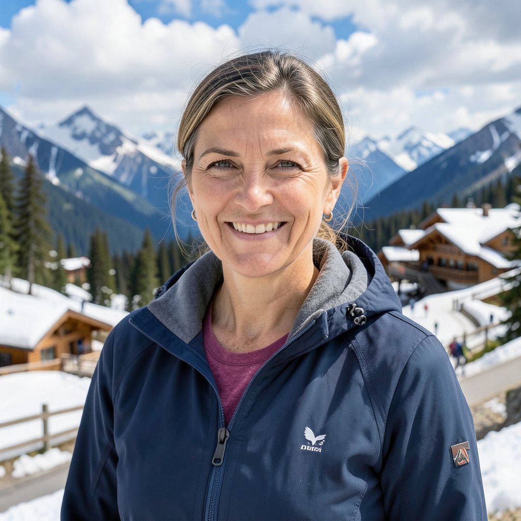 Professional portrait of a middle-aged woman, friendly smile, outdoor enthusiast style, mountain resort background, professional lighting.