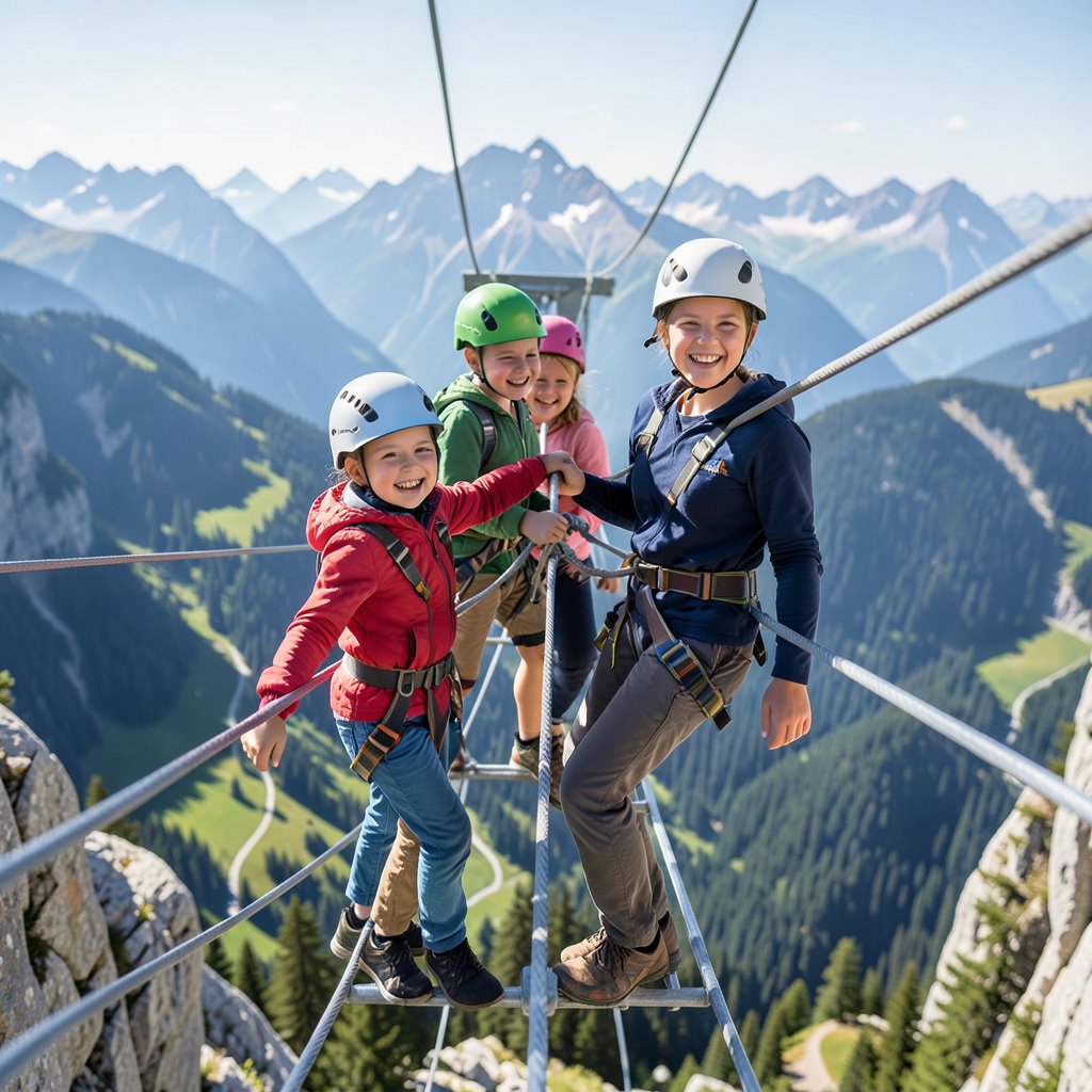 A family with children climbing a safe via ferrata, kids wearing helmets and harnesses, happy atmosphere, mountain scenery, realistic style